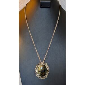 Vintage Tiger's Eye Gemstone Floral Filigree Oval Brooch/Pendant on 12K GF Chain